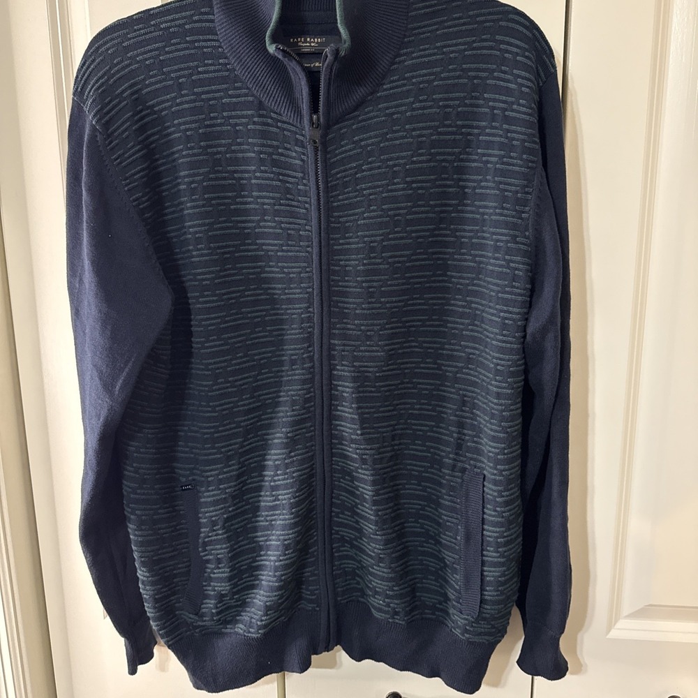 Men's Rare Rabbit Full Zip Sweater Bespoke Wear Blue With Green Size Large